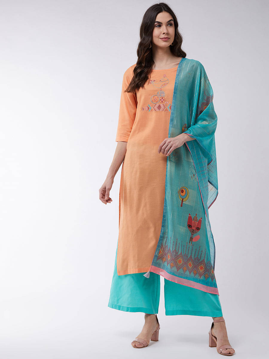     			Pannkh Women Solid Straight Kurti With Palazzo ( Orange )