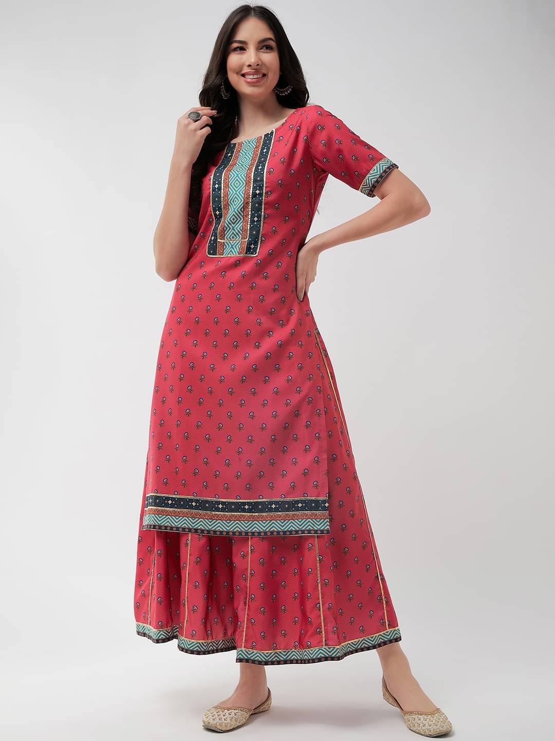 Pannkh Women Printed Straight Kurti With Sharara And Gharara ( Pink ) Pannkh Women Printed Straight Kurti With Sharara And Gharara ( Pink )