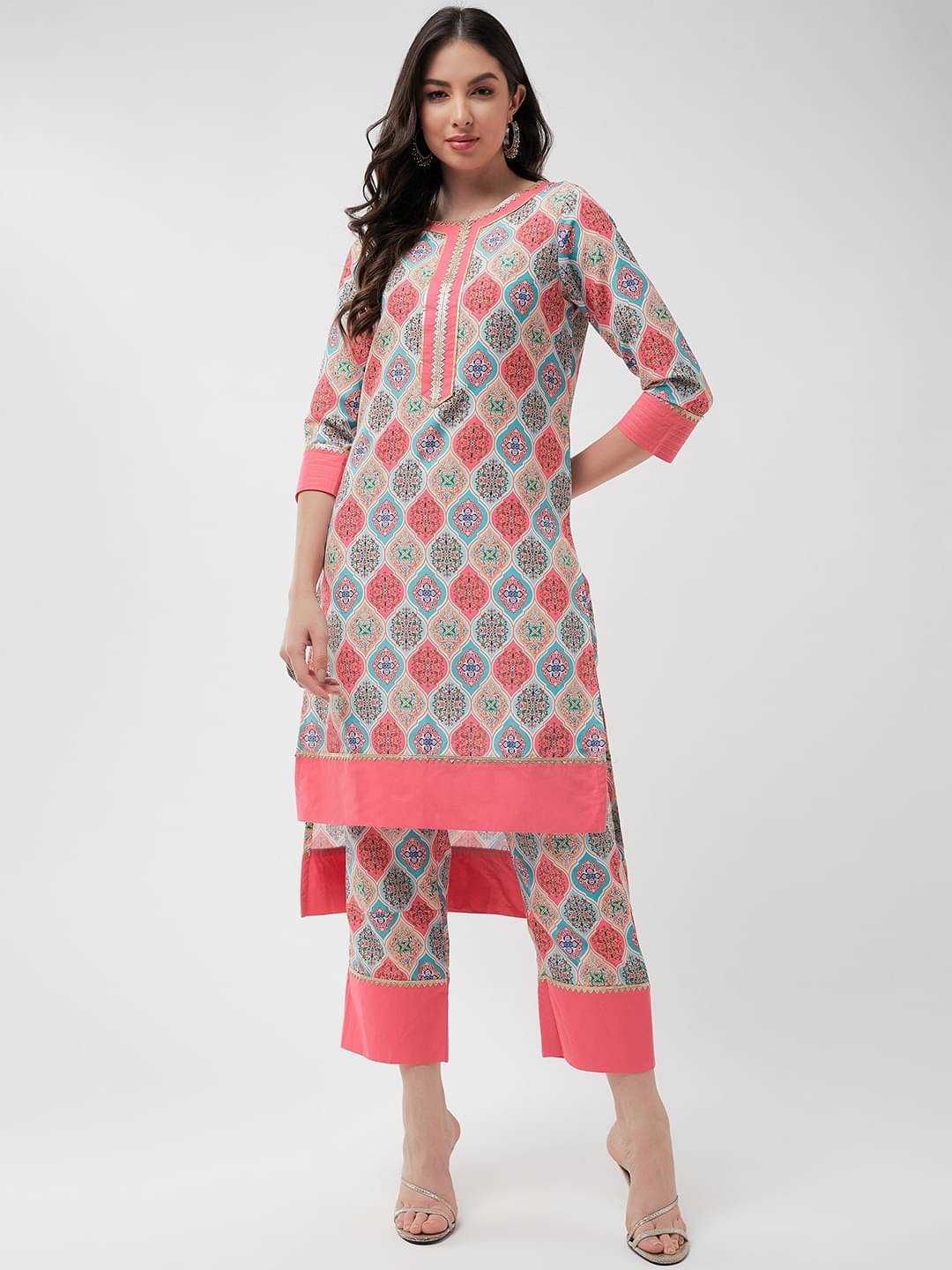     			Pannkh Women Printed Kurta With Trousers Co-Ord Set ( Coral )