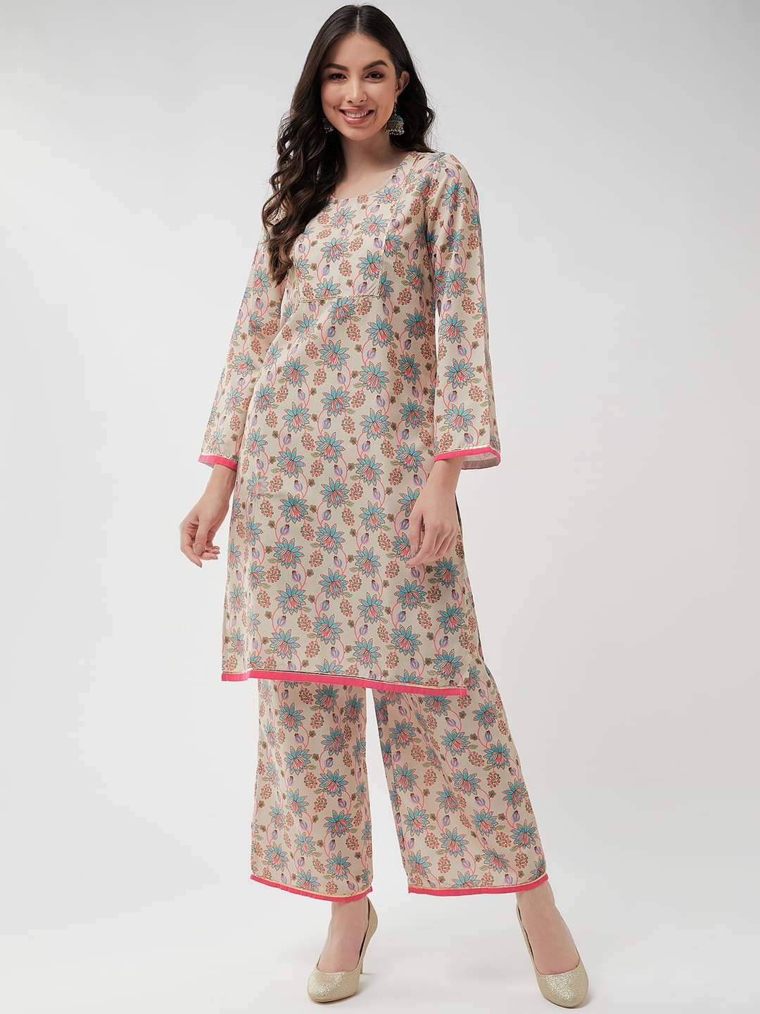 Pannkh Women Printed Straight Kurti With Palazzo ( Beige ) Pannkh Women Printed Straight Kurti With Palazzo ( Beige )
