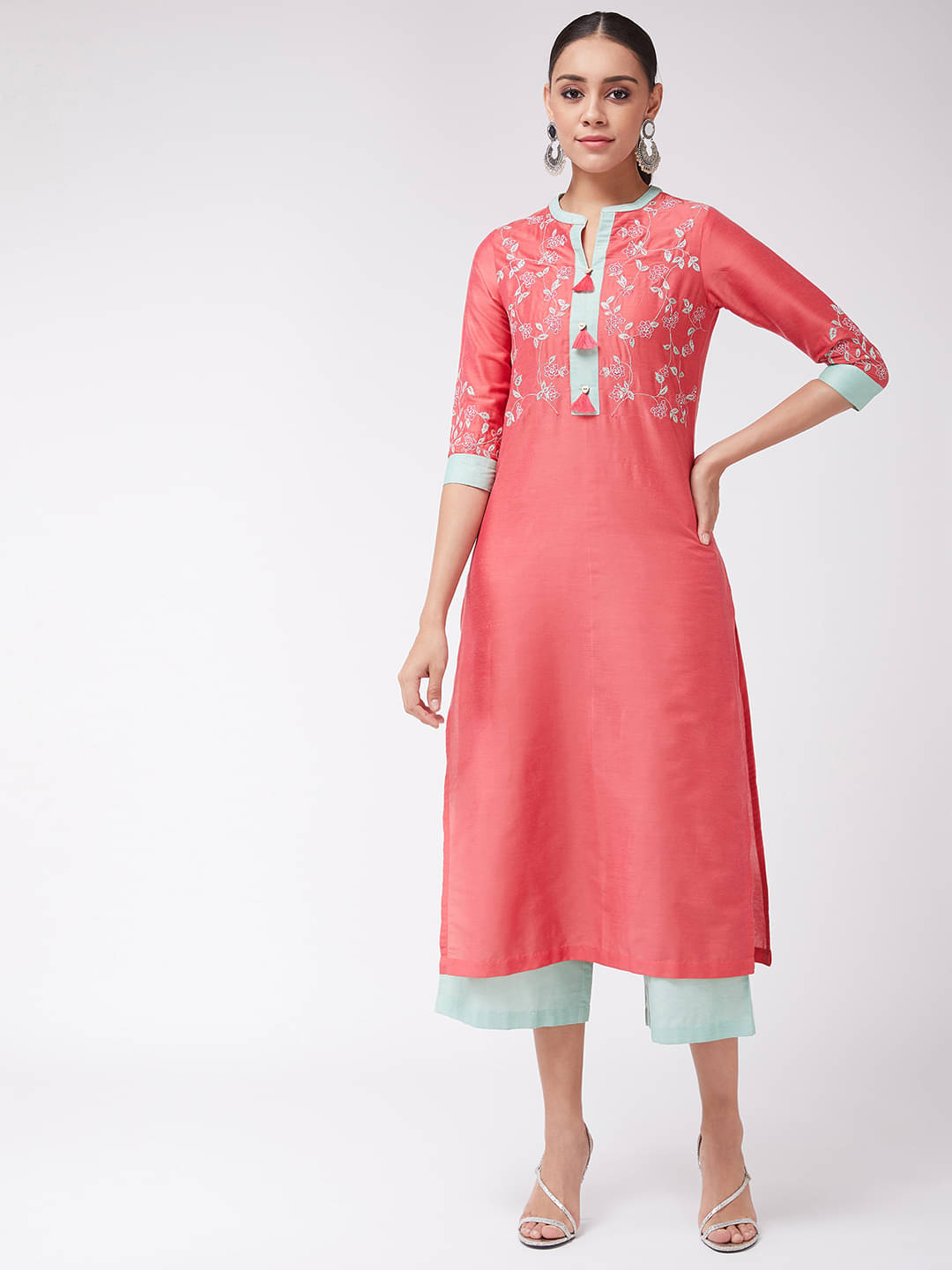     			Pannkh Women Solid Kurta With Trousers Co-Ord Set ( Pink )