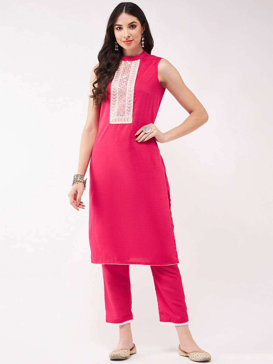     			Pannkh Women Solid Straight Kurti With Pants ( Pink )