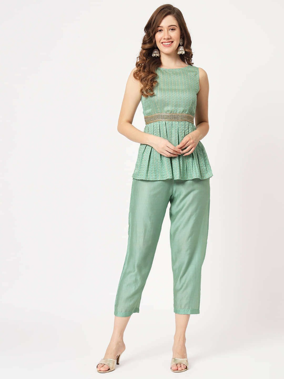     			Pannkh Women Solid Top With Trousers Co-Ord Set ( Green )