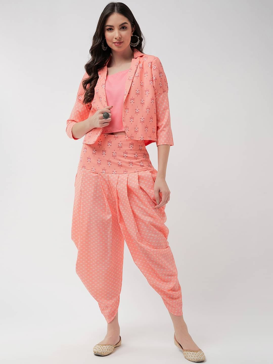     			Pannkh Women Printed Top With Trousers Co-Ord Set ( Peach )