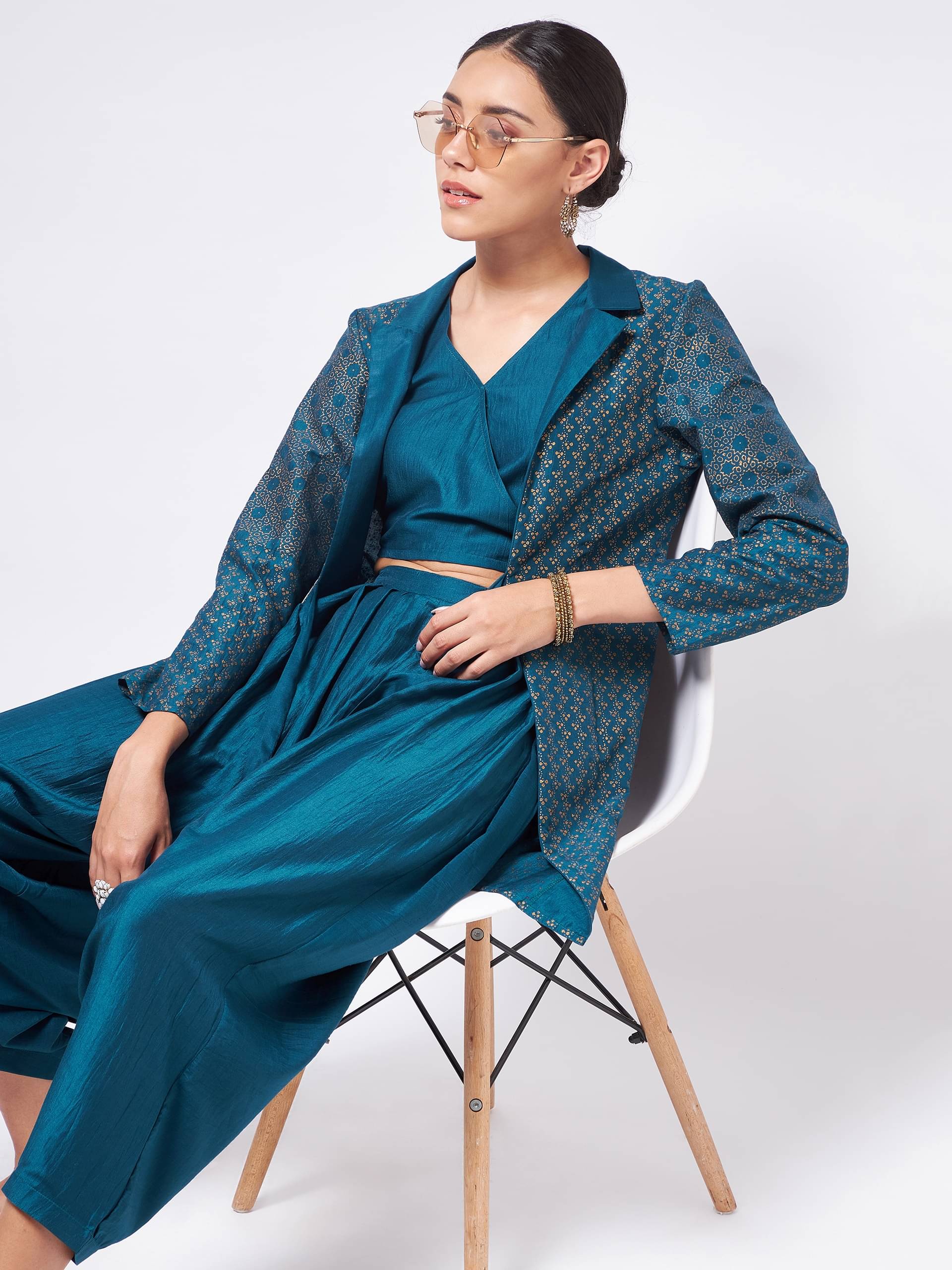     			Pannkh Women Printed Top With Trousers Co-Ord Set ( Blue )