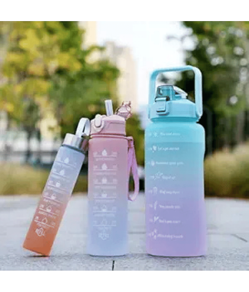 Plastic Water Bottle 3 Pcs Set With Motivational Time Marker With Straw, Leakproof Bpa Free Non-Toxic Water Bottle 2000 Ml For Office, Sports, Gym - Multicolor - Sports and Fitness Equipment | Buy online on ZillyBuy