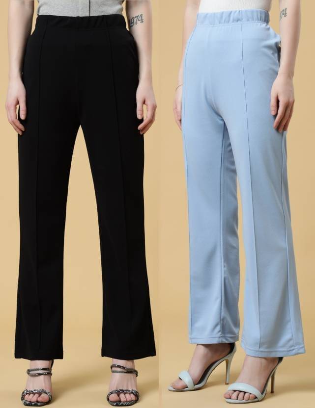     			Qyaas Pack of 2 Lycra Bootcut Women's Formal Pants ( Black,Light Blue )