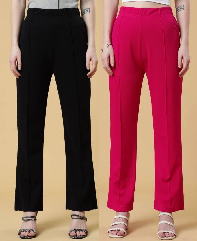     			Qyaas Pack of 2 Lycra Bootcut Women's Formal Pants ( Black,Pink )