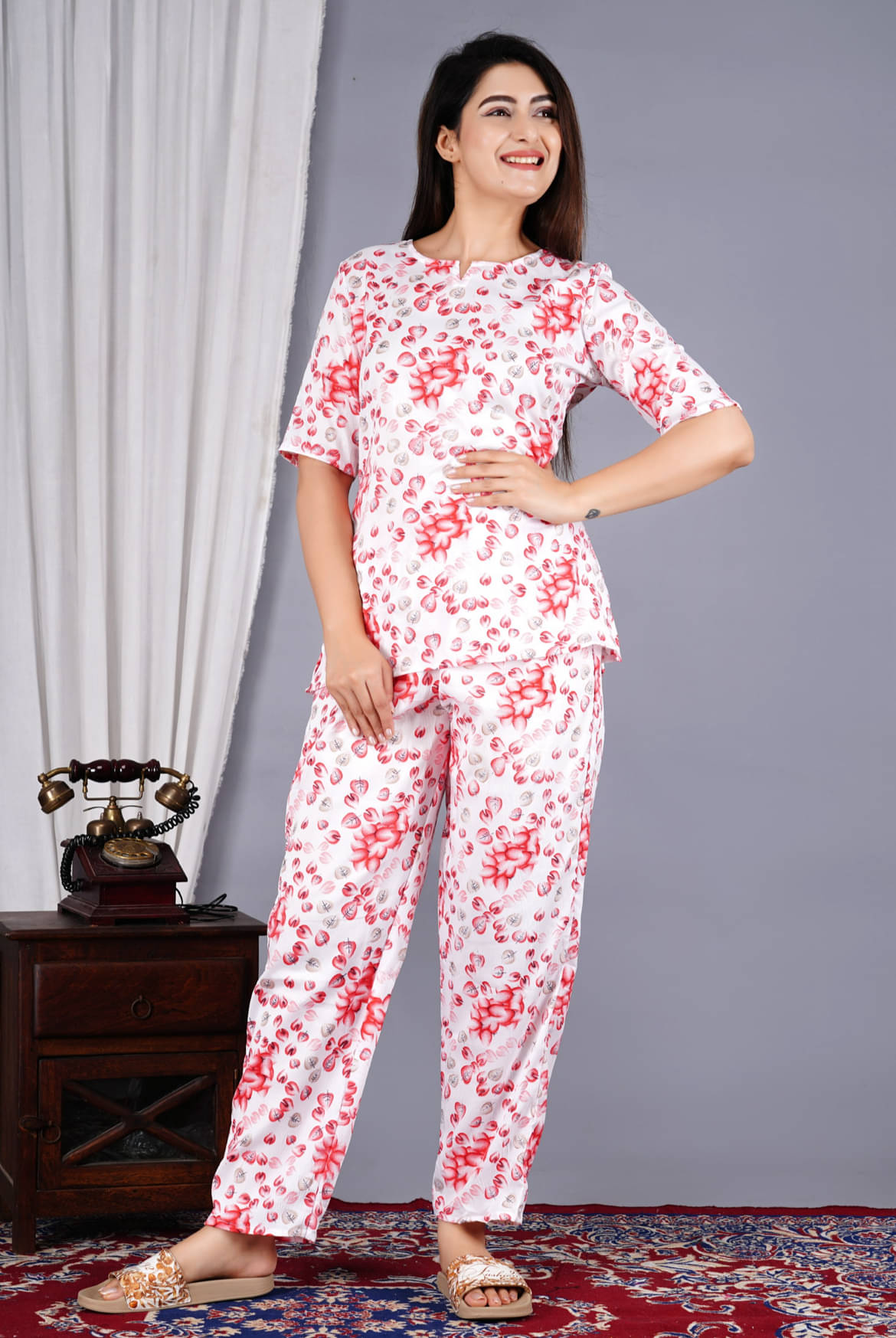 RAMBAAN CREATION Red Polyester Women's Nightwear Nightsuit Sets ( Pack of 1 ) RAMBAAN CREATION Red Polyester Women's Nightwear Nightsuit Sets ( Pack of 1 )