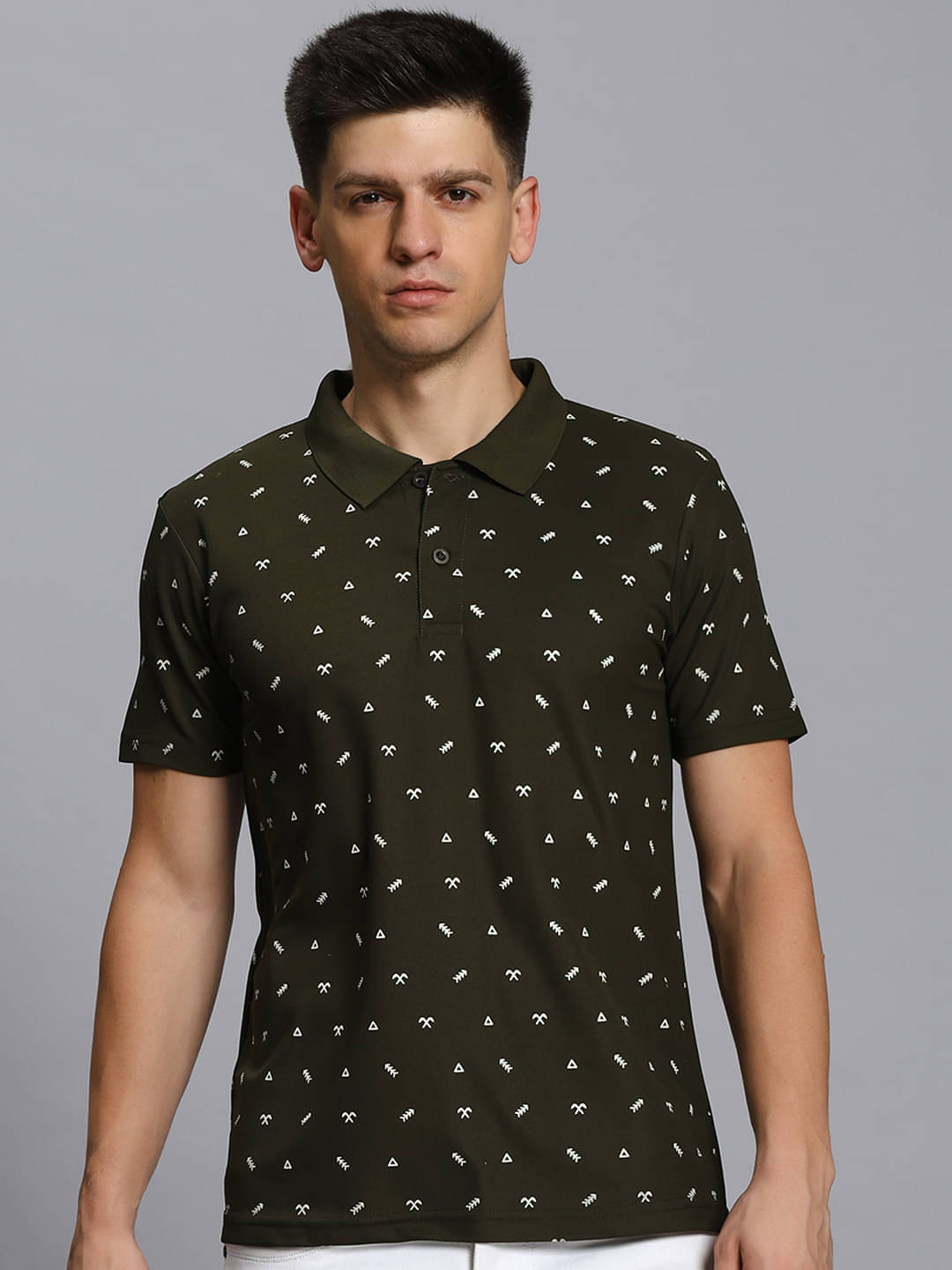 TIMBER HITCH Pack of 1 Cotton Blend Regular Fit Printed Half Sleeves Men's Polo T Shirt ( Olive ) TIMBER HITCH Pack of 1 Cotton Blend Regular Fit Printed Half Sleeves Men's Polo T Shirt ( Olive )