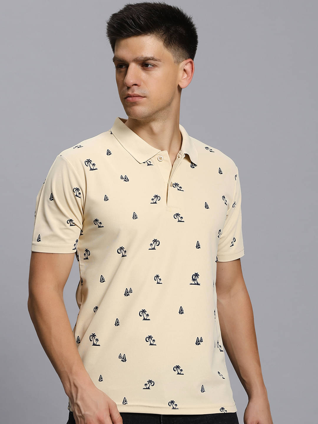 TIMBER HITCH Pack of 1 Cotton Blend Regular Fit Printed Half Sleeves Men's Polo T Shirt ( Beige ) TIMBER HITCH Pack of 1 Cotton Blend Regular Fit Printed Half Sleeves Men's Polo T Shirt ( Beige )