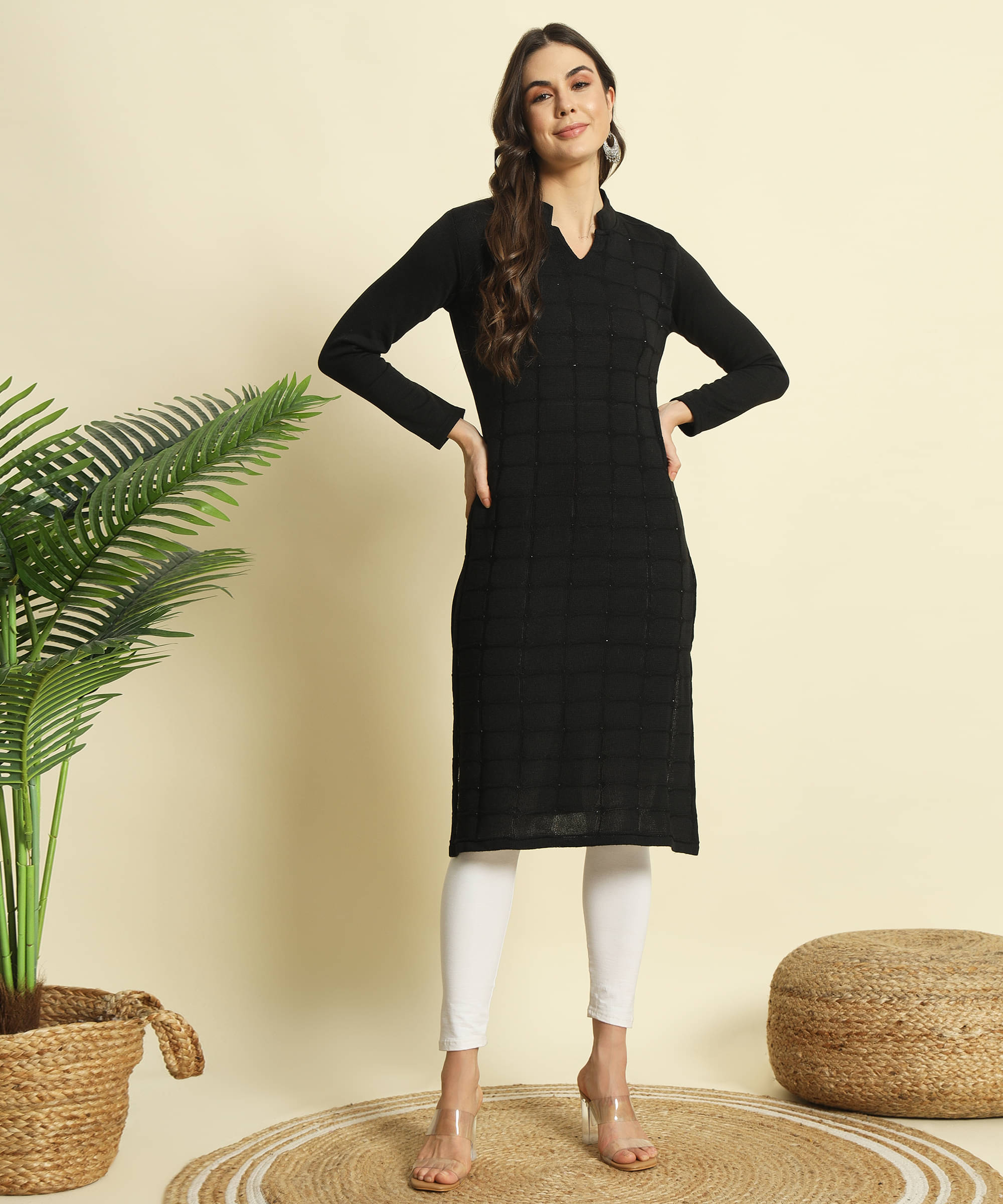     			ZEPPI Pack of 1 Woollen Self Design Straight Women's Kurti - ( Black )