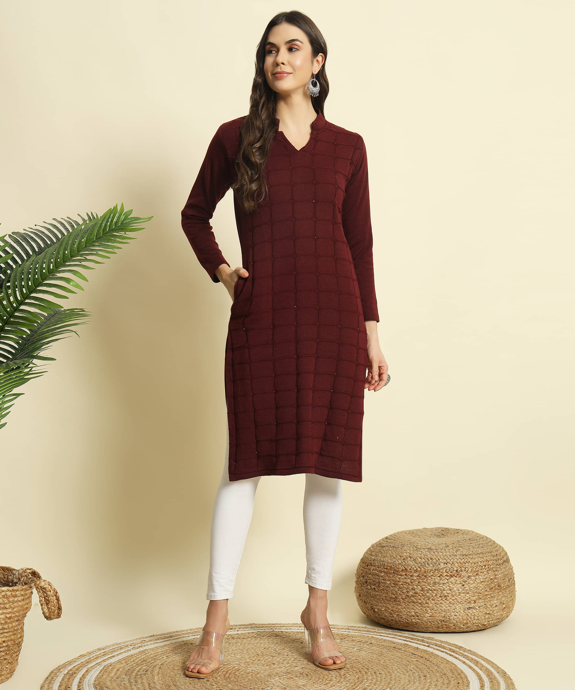     			ZEPPI Pack of 1 Woollen Self Design Straight Women's Kurti - ( Maroon )