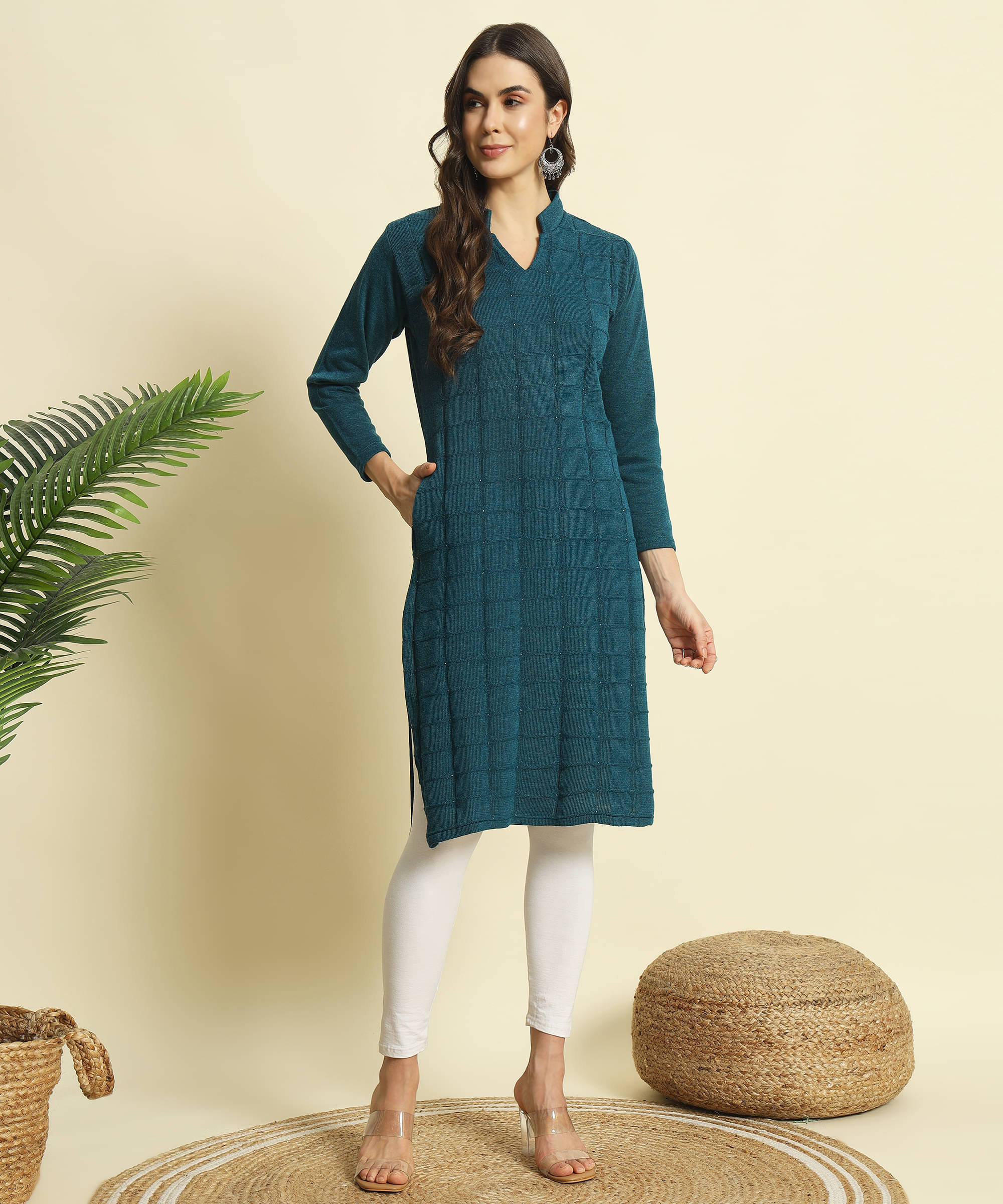     			ZEPPI Pack of 1 Woollen Self Design Straight Women's Kurti - ( Blue )