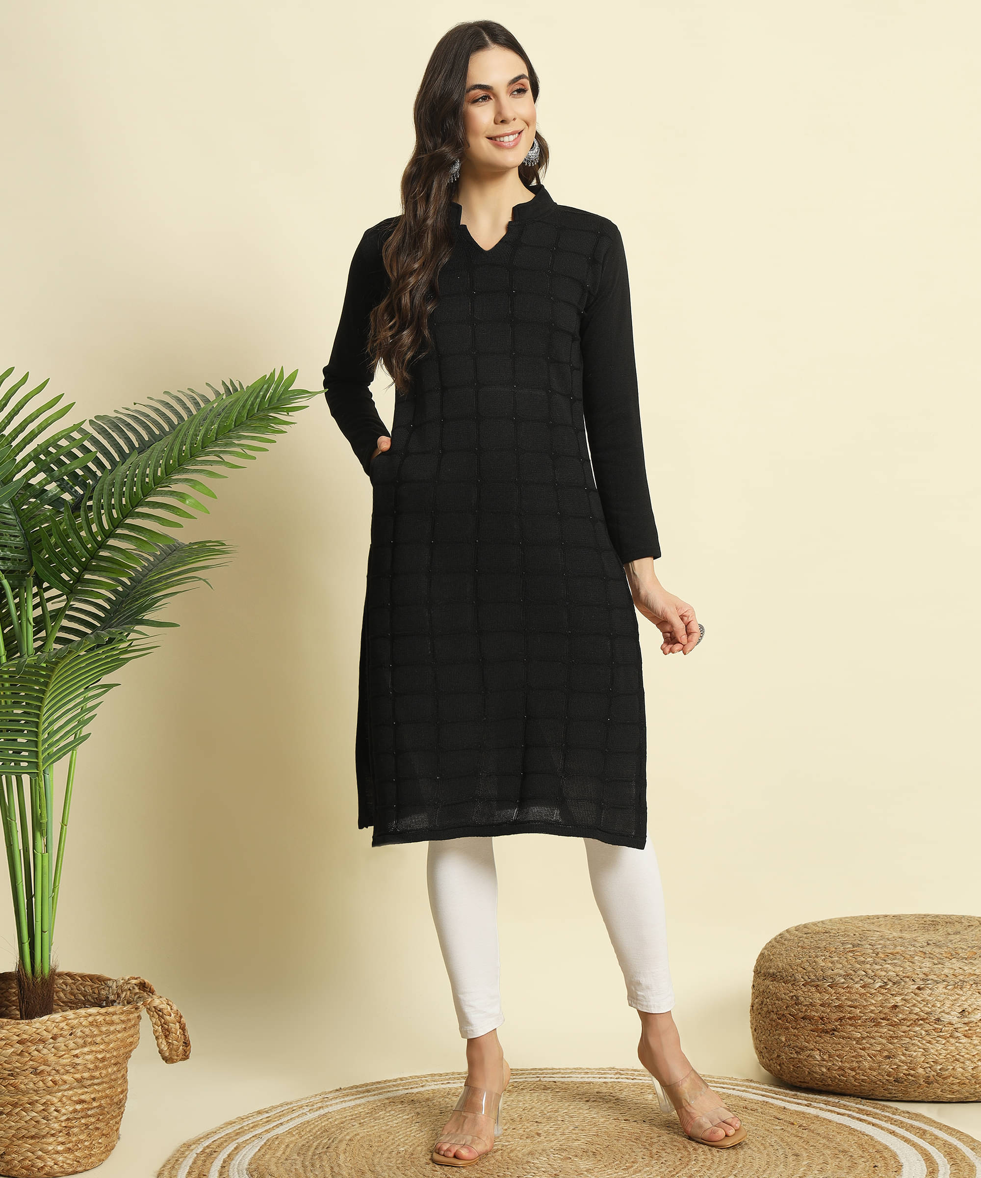     			ZEPPI Pack of 1 Woollen Self Design Straight Women's Kurti - ( Black )