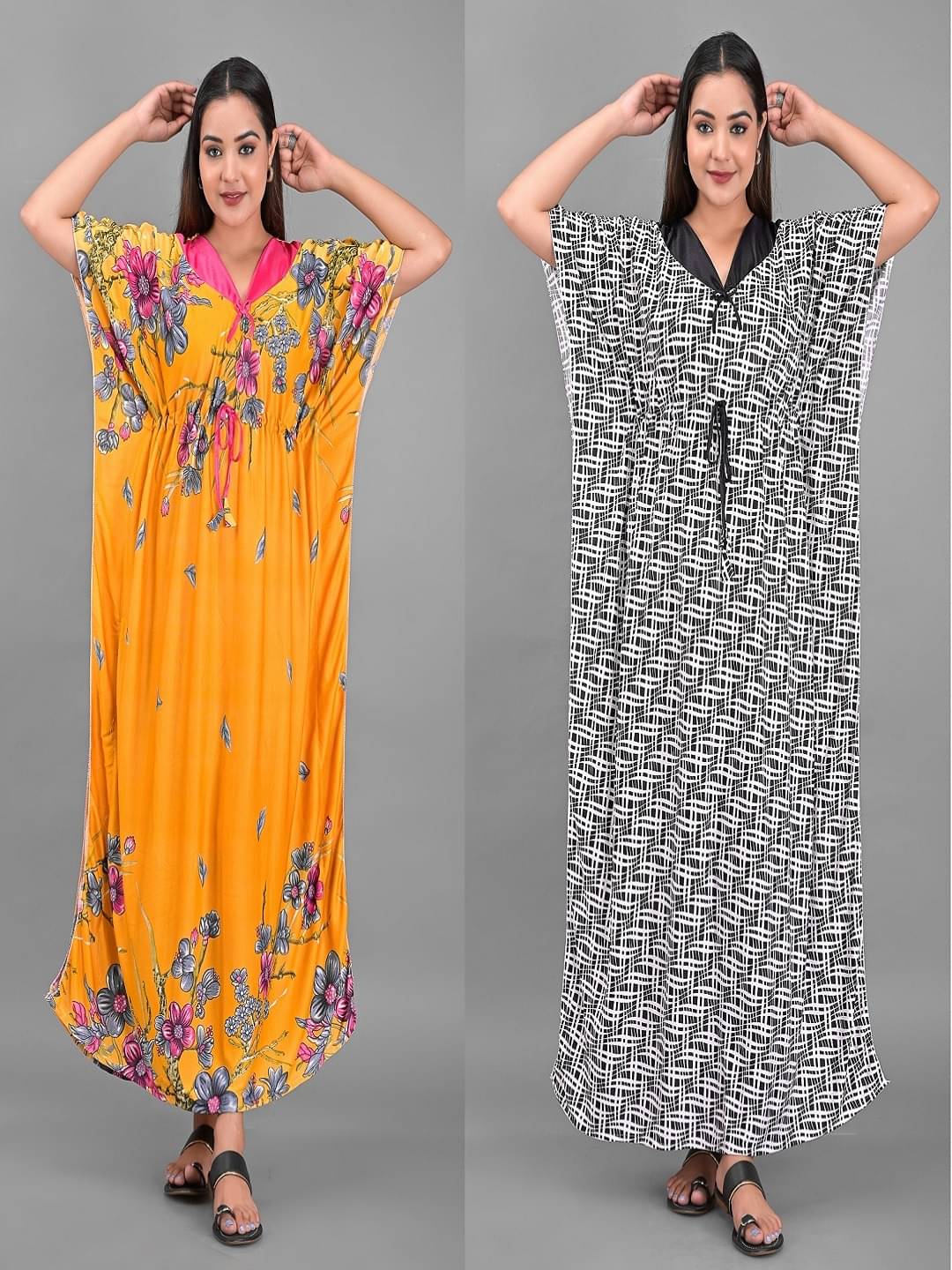    			Anjaneya Creations Multi Color Satin Women's Nightwear Kaftan Night Dress ( Pack of 2 )