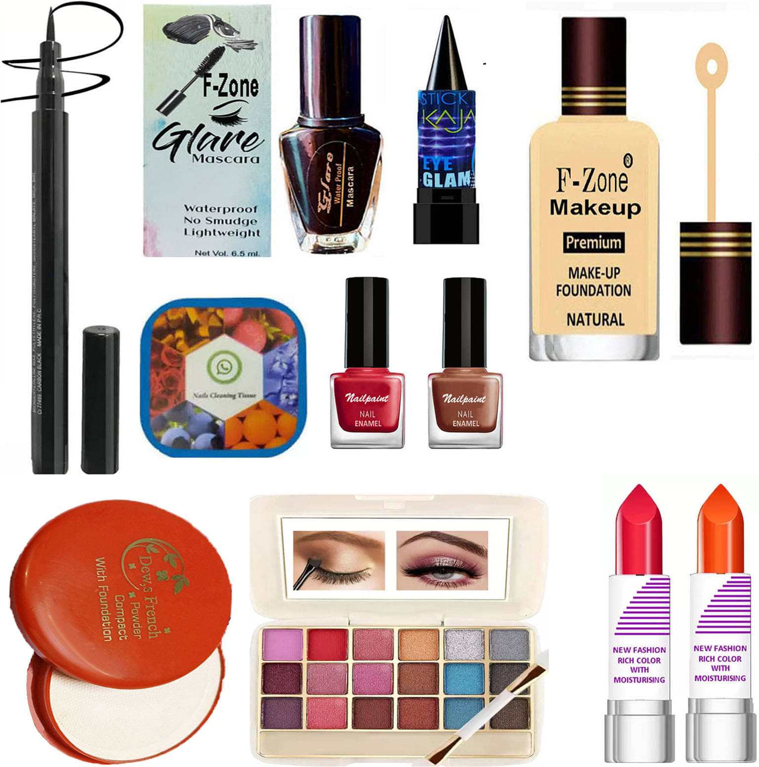     			F Zone Makeup Kit ( Eyeshadow,Kajal,Lipstick,Compact,Liner,Mascara,Foundation Etc )
