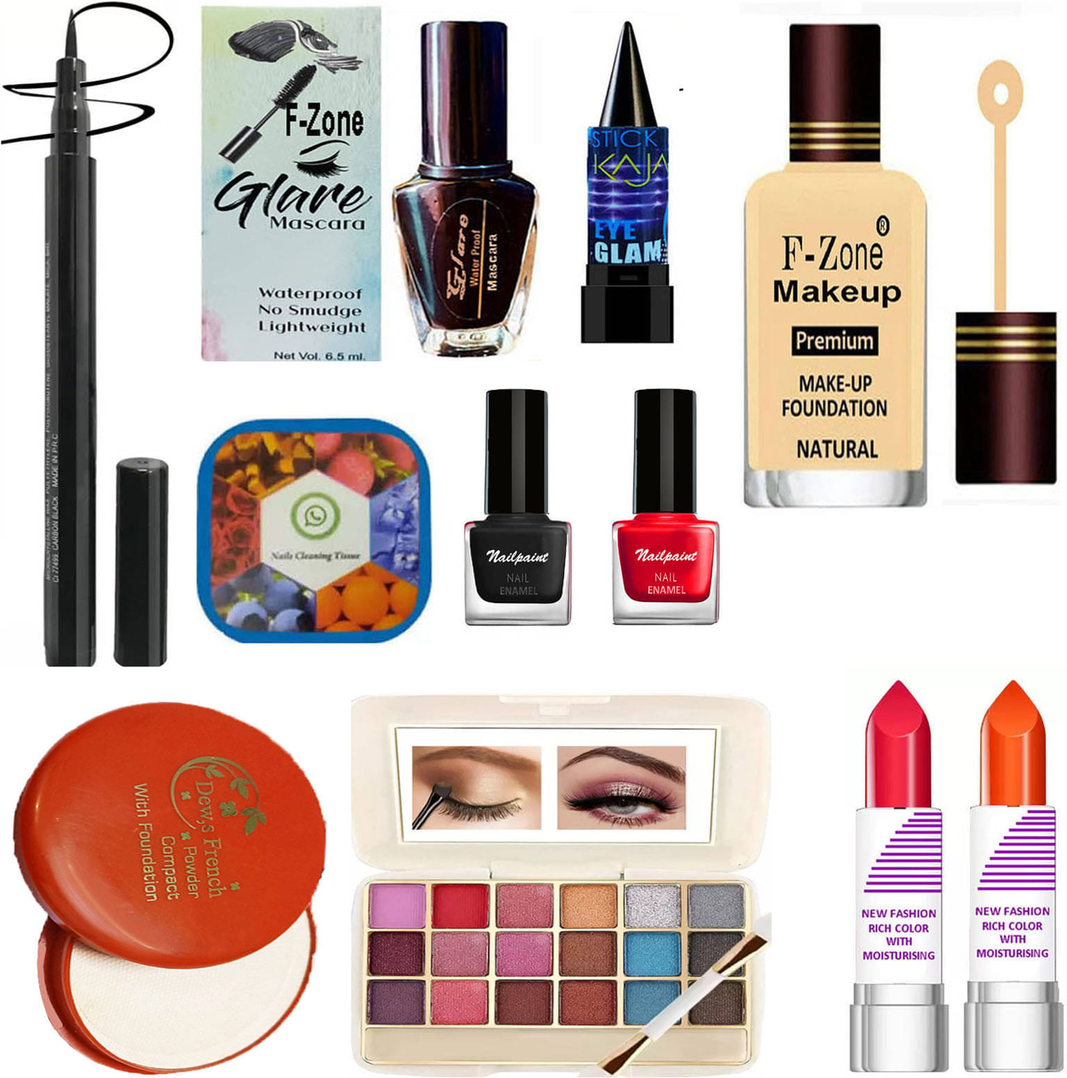     			F Zone Makeup Kit ( Eyeshadow,Kajal,Lipstick,Compact,Liner,Mascara,Foundation Etc )