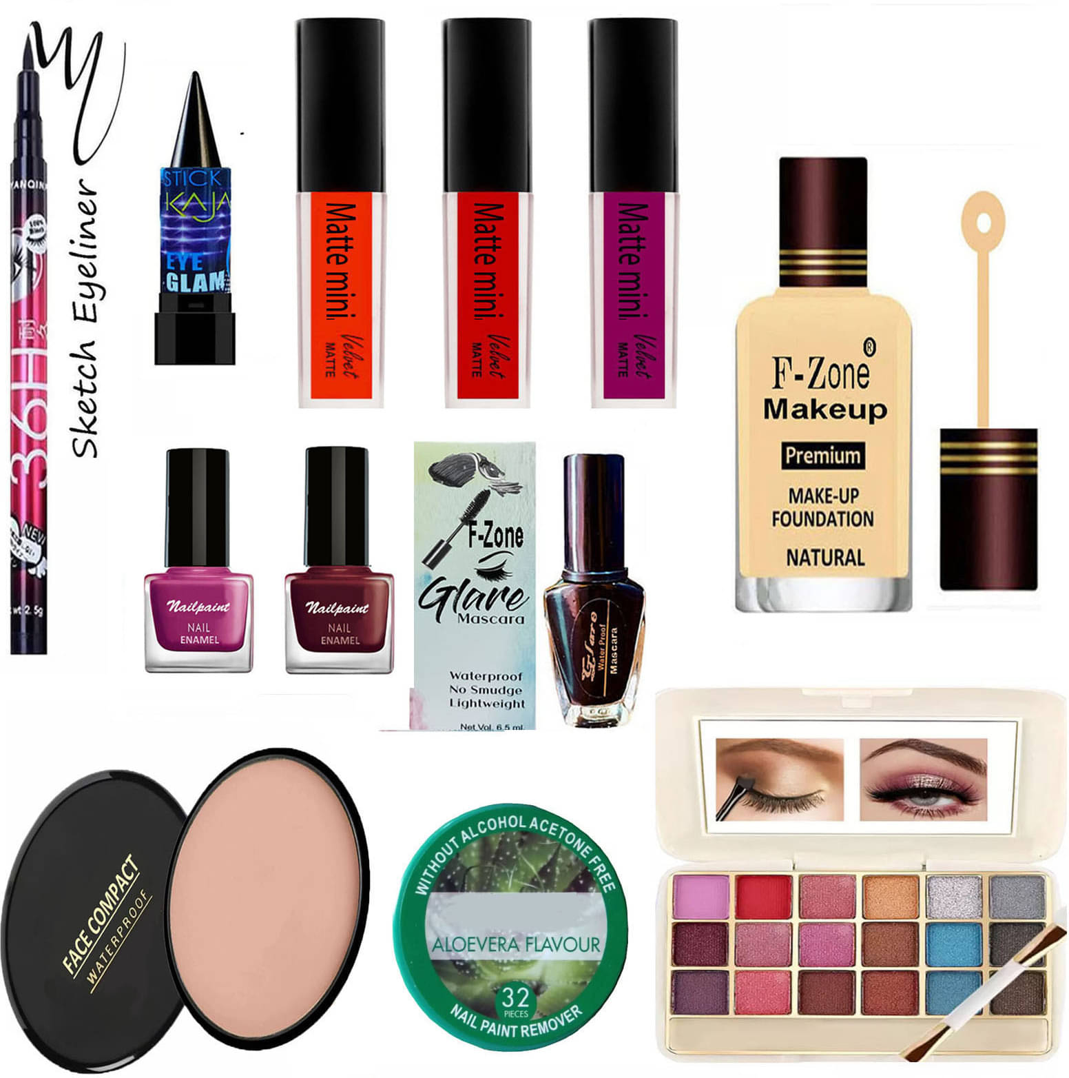     			F Zone Makeup Kit ( Eyeshadow,Kajal,Lipstick,Nail Polish,Liner,Mascara,Compact,Foundation )