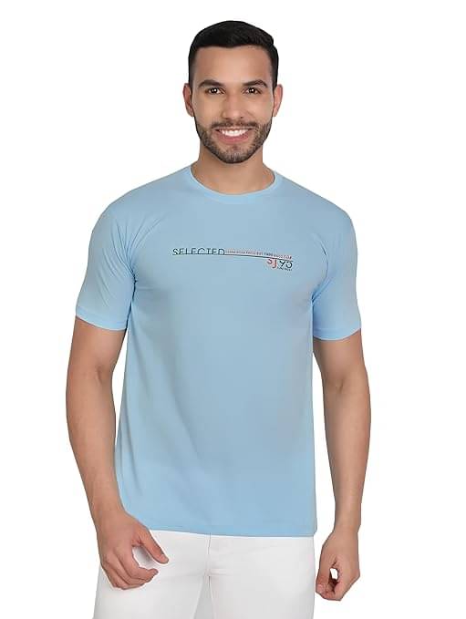 Reoutlook Cotton Regular Fit Printed Half Sleeves Men's Round T-Shirt - Sky Blue ( Pack of 1 ) Reoutlook Cotton Regular Fit Printed Half Sleeves Men's Round T-Shirt - Sky Blue ( Pack of 1 )