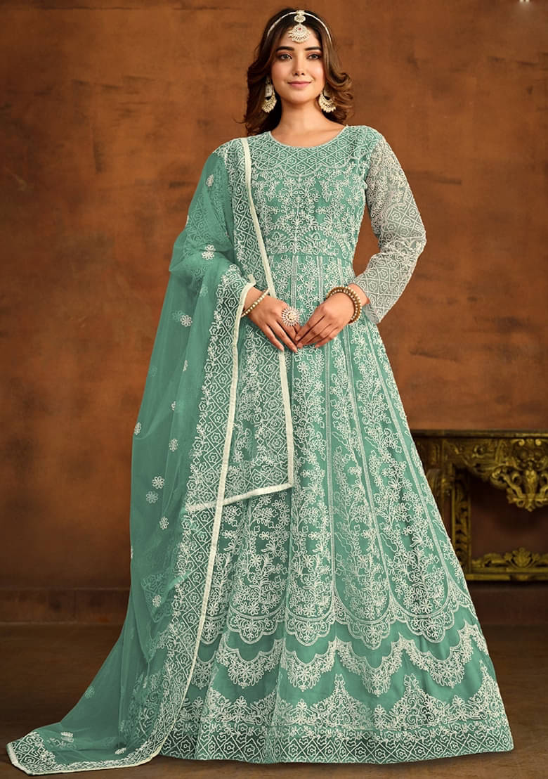 A TO Z CART Sea Green Flared Net Women's Semi Stitched Ethnic Gown ( Pack of 1 ) A TO Z CART Sea Green Flared Net Women's Semi Stitched Ethnic Gown ( Pack of 1 )