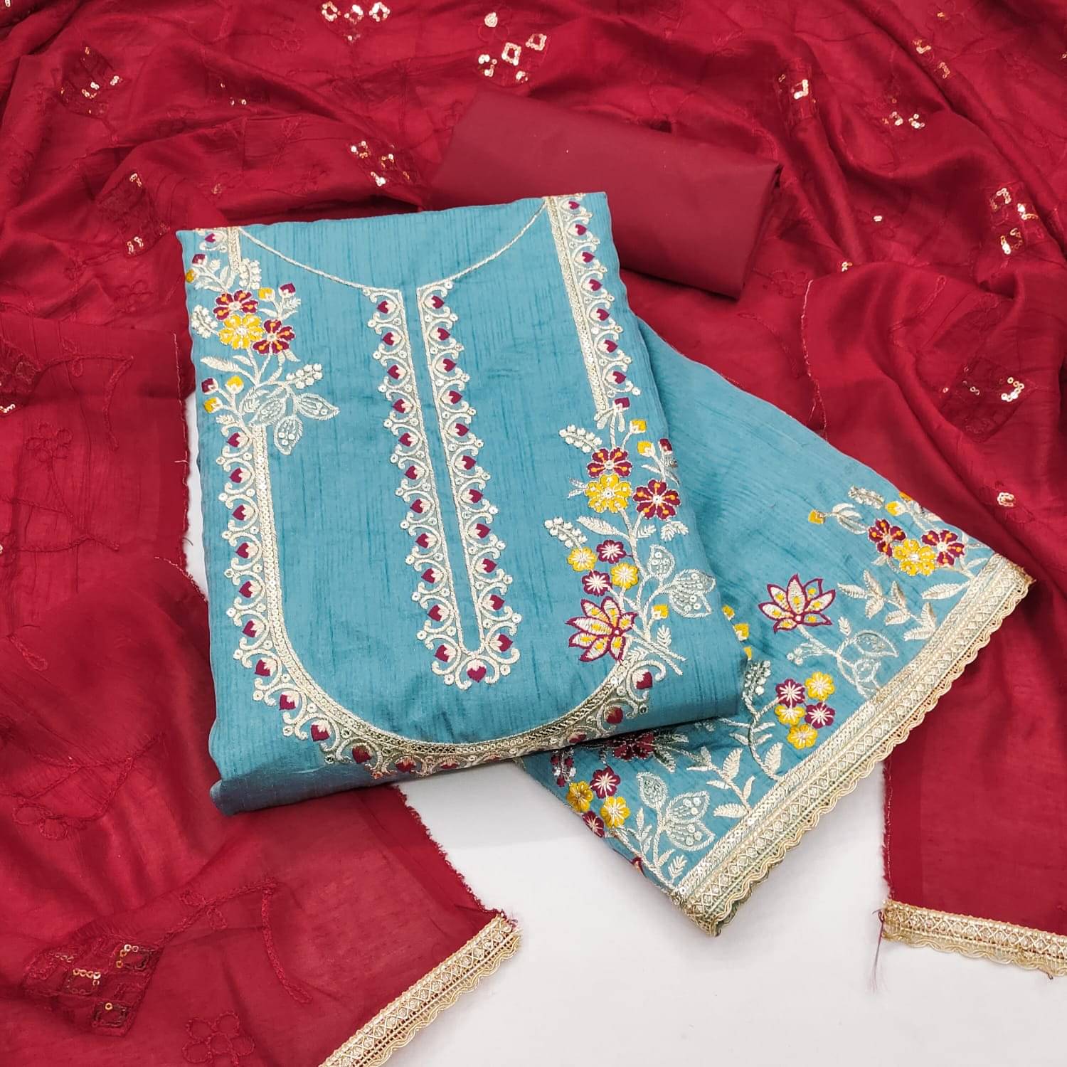 ALSHOP Unstitched Silk Embroidered Dress Material - Red ( Pack of 1 ) ALSHOP Unstitched Silk Embroidered Dress Material - Red ( Pack of 1 )