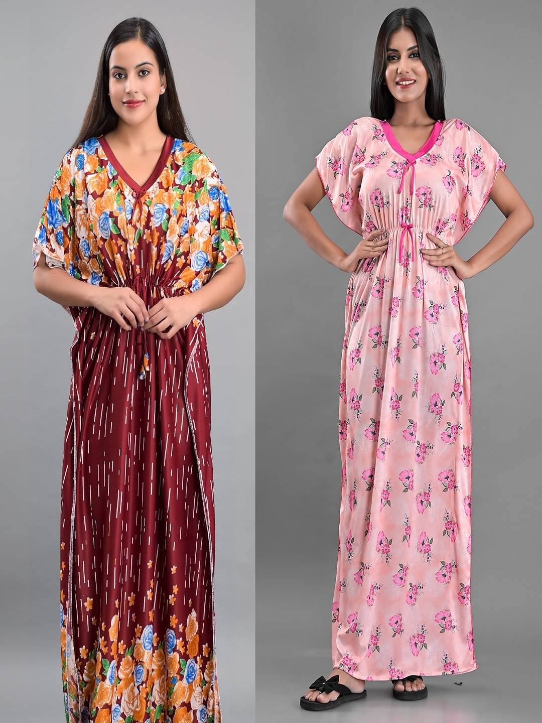 Anjaneya Creations Multi Color Satin Women's Nightwear Kaftan Night Dress ( Pack of 2 )     			Anjaneya Creations Multi Color Satin Women's Nightwear Kaftan Night Dress ( Pack of 2 )