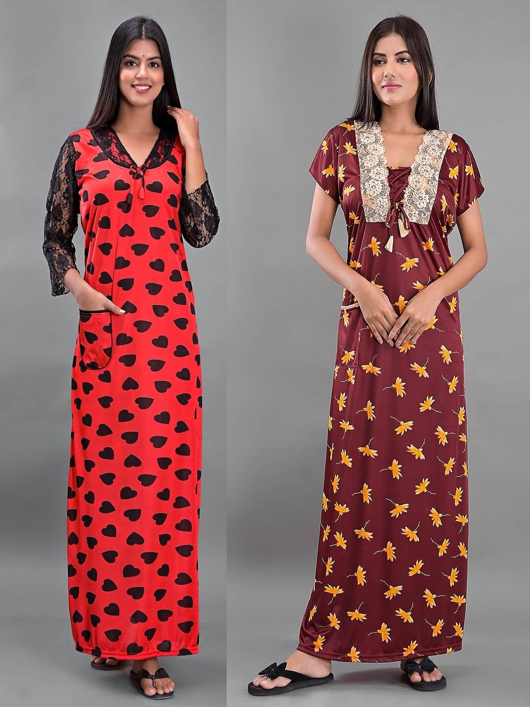 Anjaneya Creations Multi Color Satin Women's Nightwear Nighty & Night Gowns ( Pack of 2 ) Anjaneya Creations Multi Color Satin Women's Nightwear Nighty & Night Gowns ( Pack of 2 )