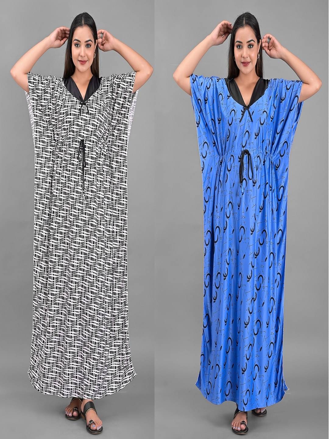 Anjaneya Creations Multi Color Satin Women's Nightwear Kaftan Night Dress ( Pack of 2 ) Anjaneya Creations Multi Color Satin Women's Nightwear Kaftan Night Dress ( Pack of 2 )