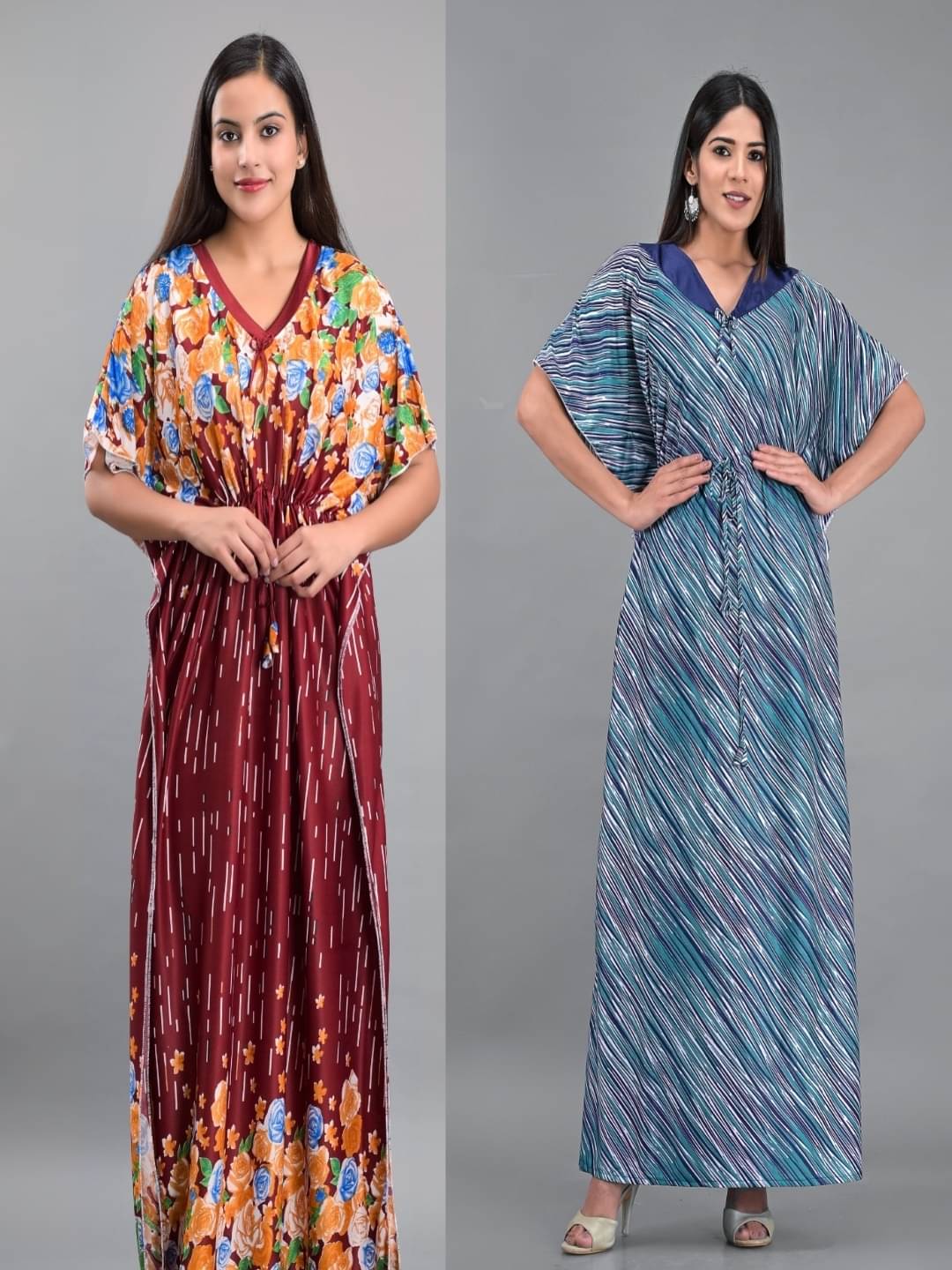     			Anjaneya Creations Multi Color Satin Women's Nightwear Kaftan Night Dress ( Pack of 2 )