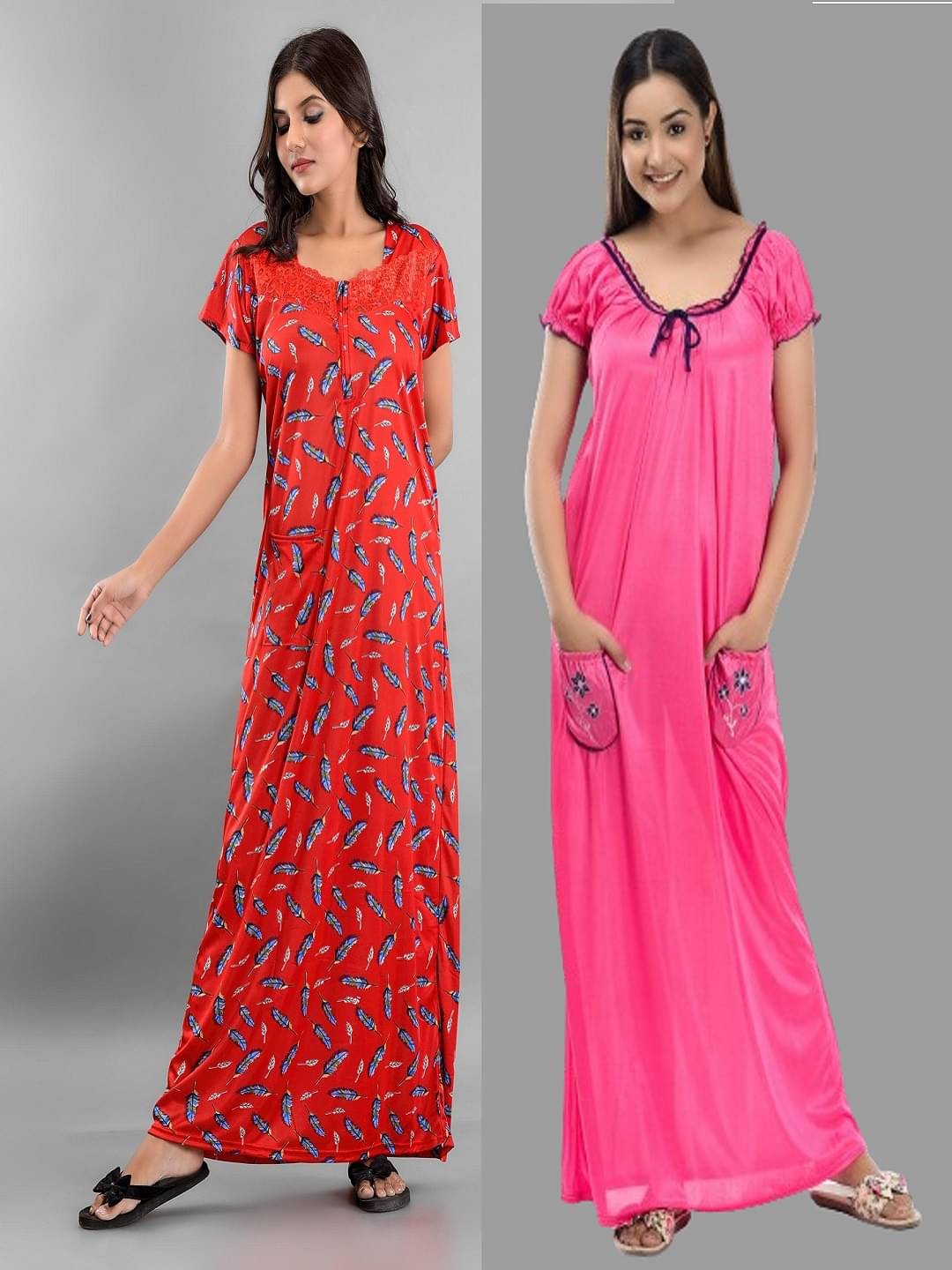 Anjaneya Creations Multi Color Satin Women's Nightwear Nighty & Night Gowns ( Pack of 2 )     			Anjaneya Creations Multi Color Satin Women's Nightwear Nighty & Night Gowns ( Pack of 2 )