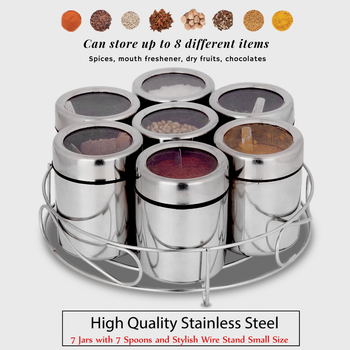     			Aquasleri Stainless Steel Silver Spice Container ( Set of 7 )