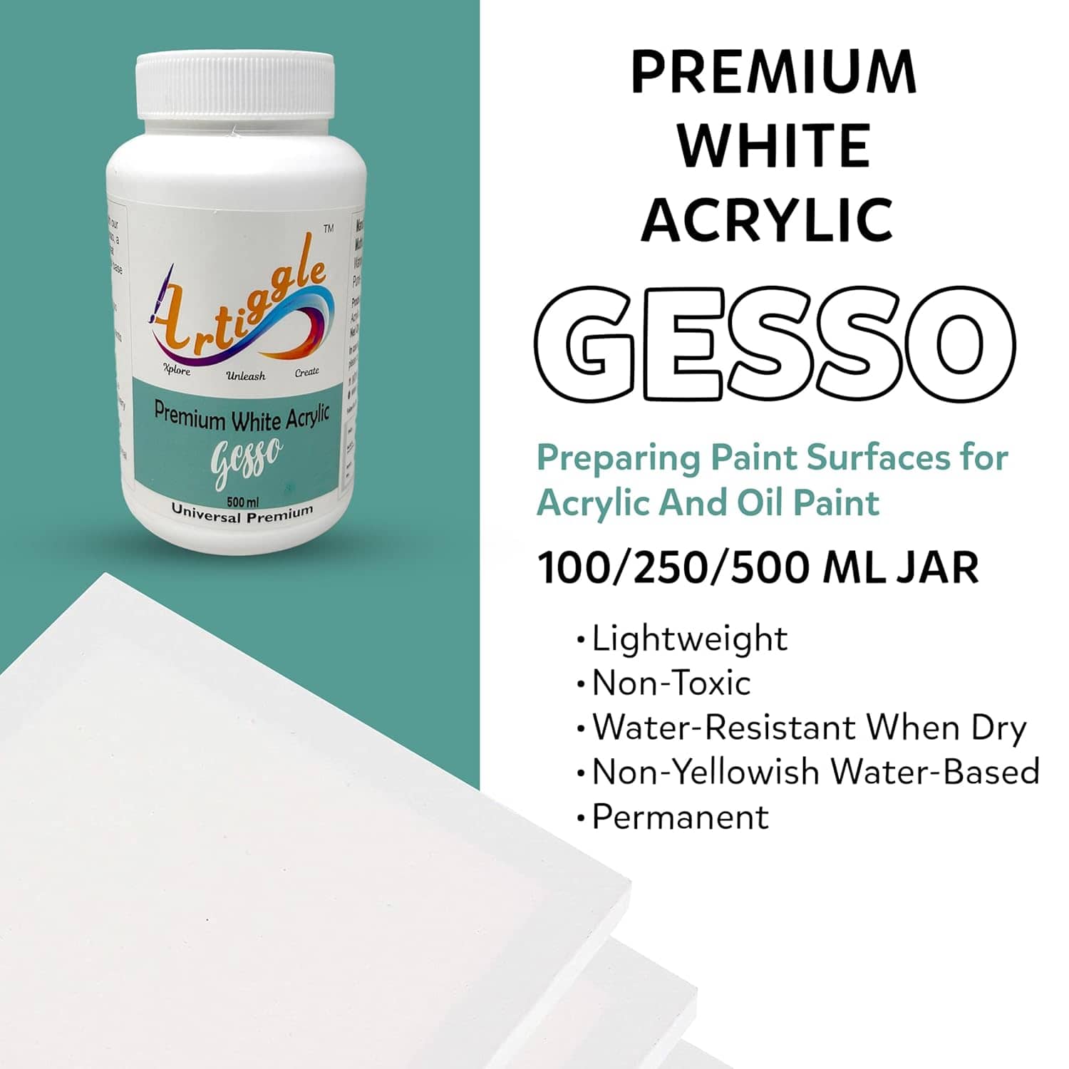 Artiggle Premium White Acrylic Gesso 500ml | Universal smooth Primer | Texture Medium lippon art |Ideal for Canvas, Paper, Board, Oil Painting, Universal Paint Primer for Art, Craft, Water based