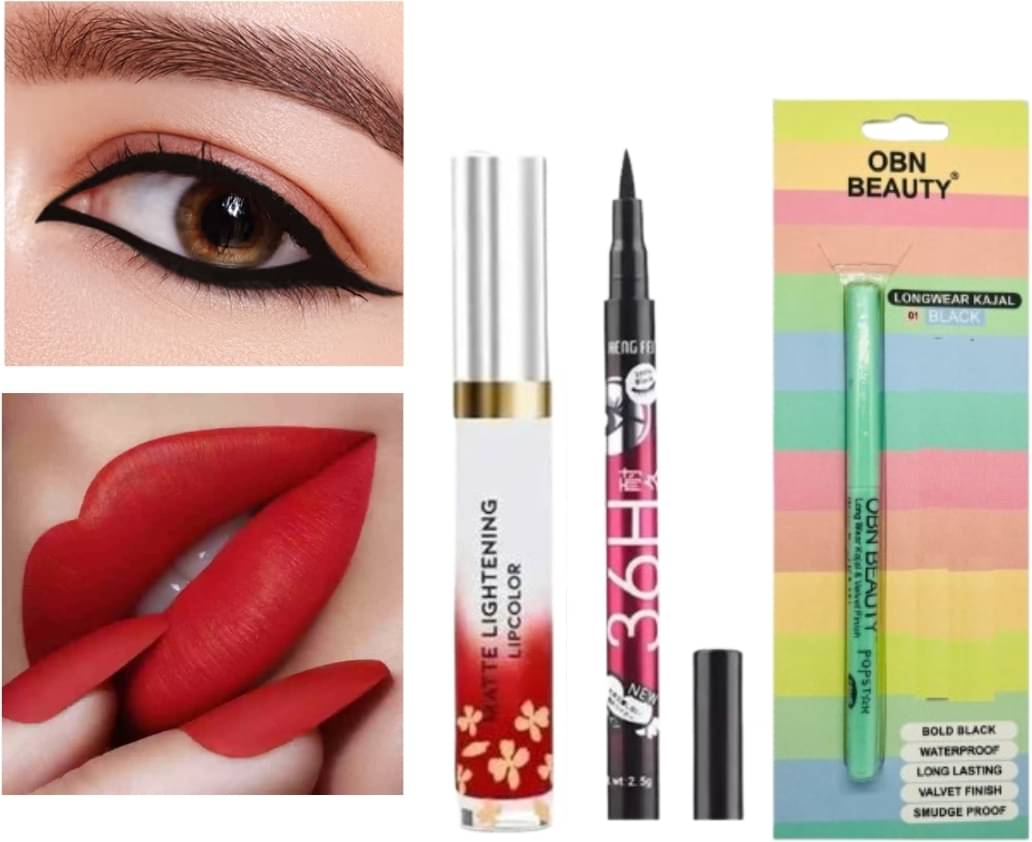     			BLUST & FAMME Waterproof Black Kajal Pencil, Eyeliner And Lipstick Set