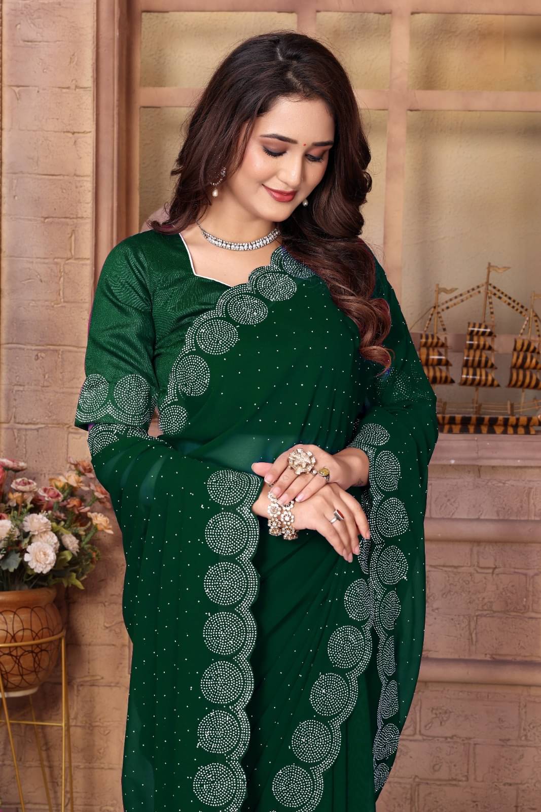 DEBRIS FAB Georgette Embellished Saree With Unstitched Blouse Piece ( Green ) DEBRIS FAB Georgette Embellished Saree With Unstitched Blouse Piece ( Green )