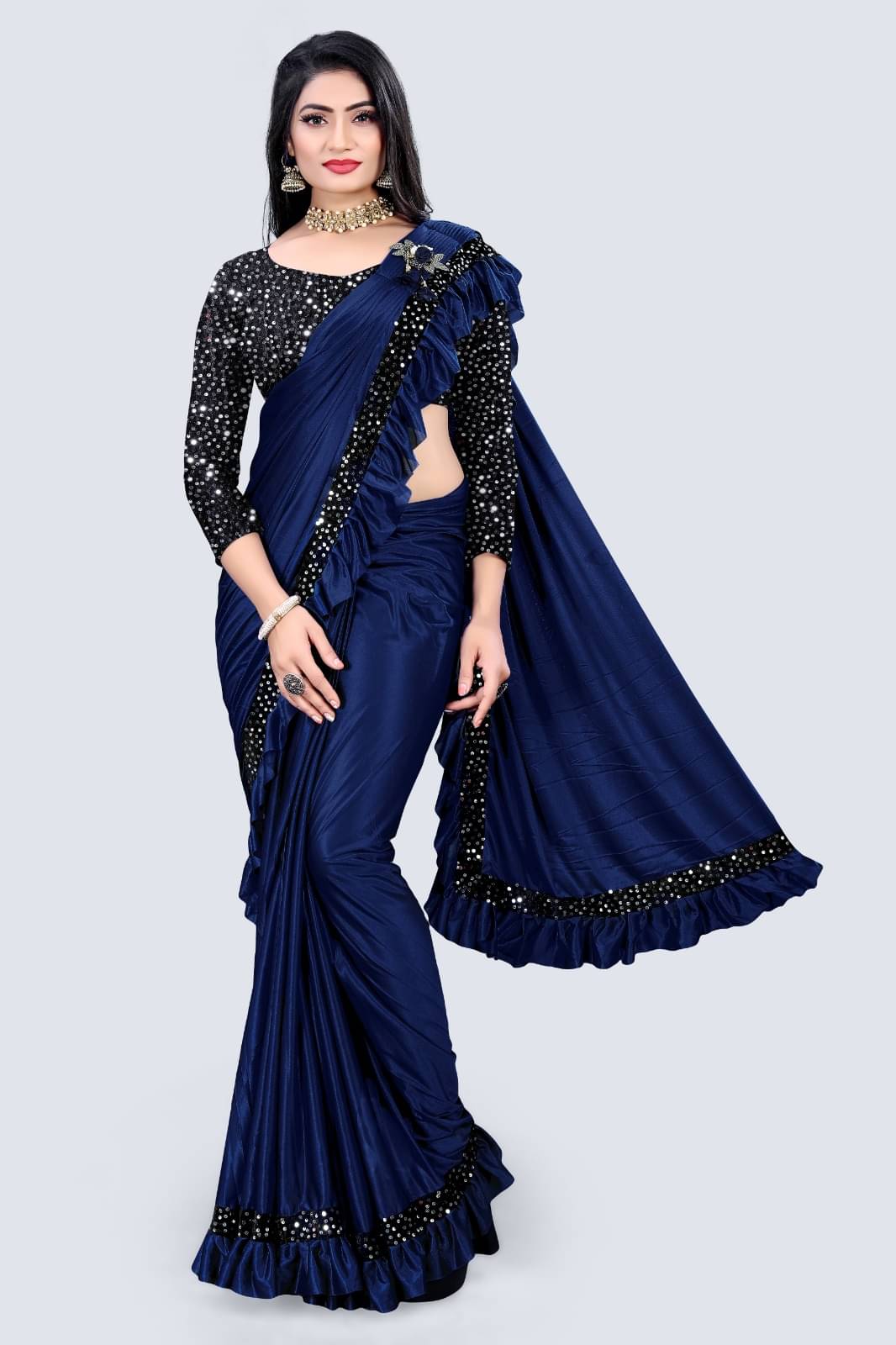 DEBRIS FAB Lycra Embellished Saree With Unstitched Blouse Piece ( Navy Blue ) DEBRIS FAB Lycra Embellished Saree With Unstitched Blouse Piece ( Navy Blue )