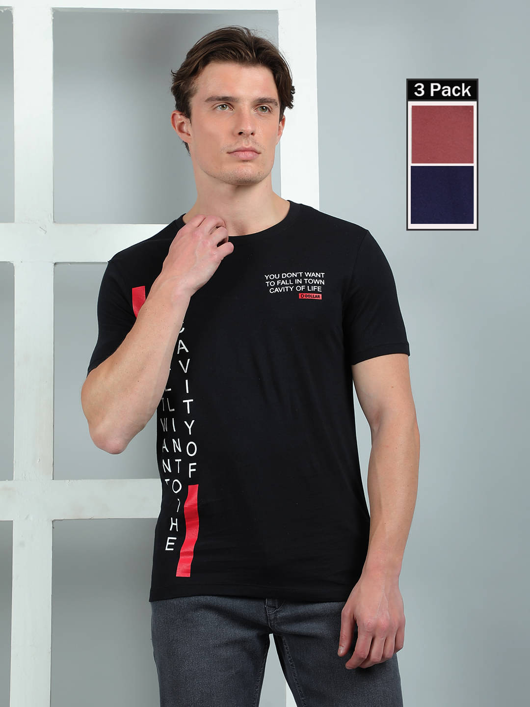    			Dollar Cotton Regular Fit Printed Half Sleeves Men's Round T-Shirt - Multicolor3 ( Pack of 3 )