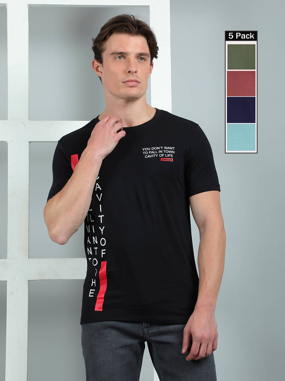     			Dollar Cotton Regular Fit Printed Half Sleeves Men's Round T-Shirt - Multicolor ( Pack of 5 )