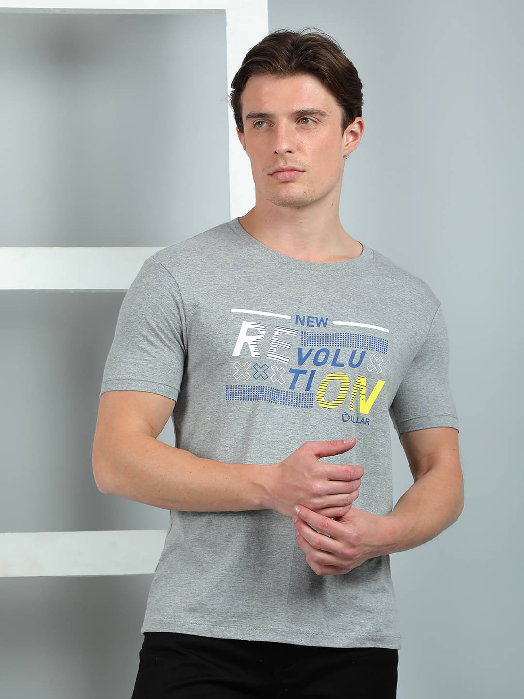     			Dollar Cotton Regular Fit Printed Half Sleeves Men's Round T-Shirt - Grey Melange ( Pack of 1 )