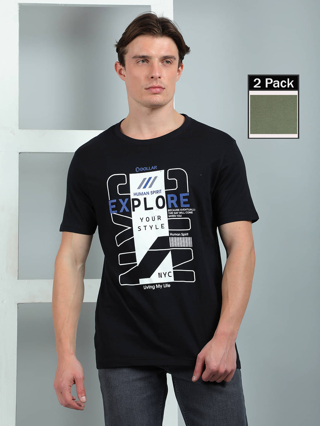     			Dollar Cotton Regular Fit Printed Half Sleeves Men's Round T-Shirt - Multicolor3 ( Pack of 2 )
