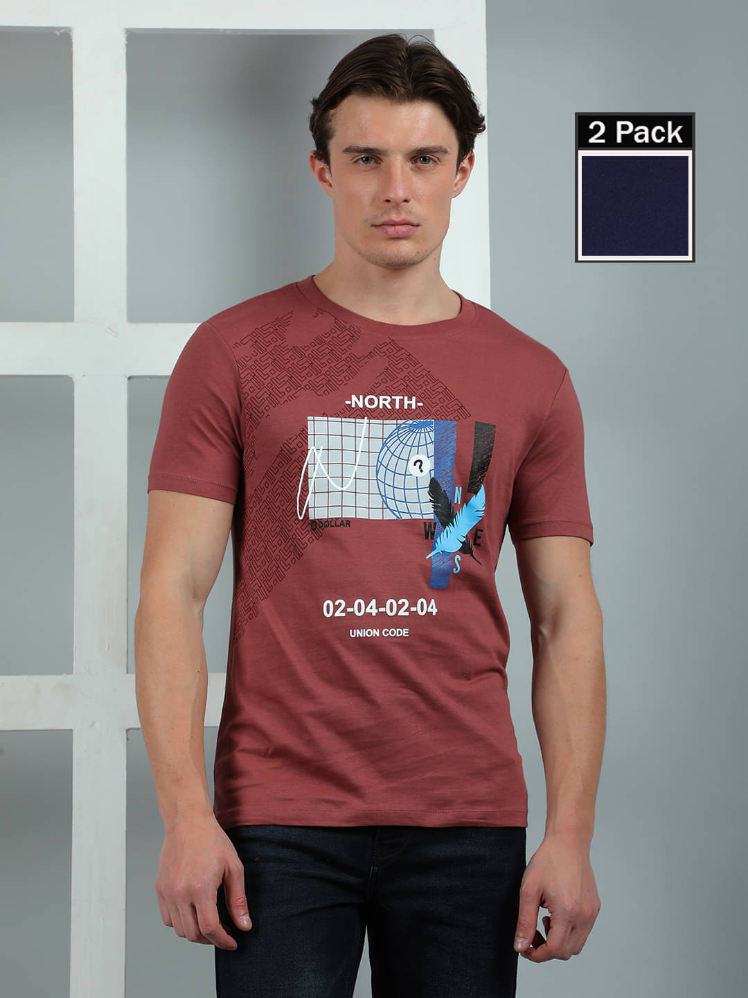     			Dollar Cotton Regular Fit Printed Half Sleeves Men's Round T-Shirt - Multicolor2 ( Pack of 2 )