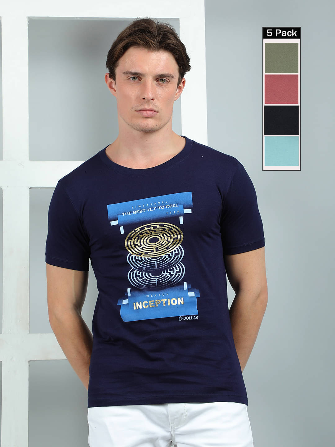     			Dollar Cotton Regular Fit Printed Half Sleeves Men's Round T-Shirt - Multicolor ( Pack of 5 )