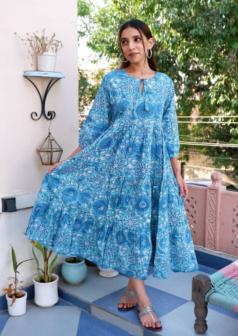 Goodhand Women Cotton Printed A-line Dress ( Blue ) Goodhand Women Cotton Printed A-line Dress ( Blue )