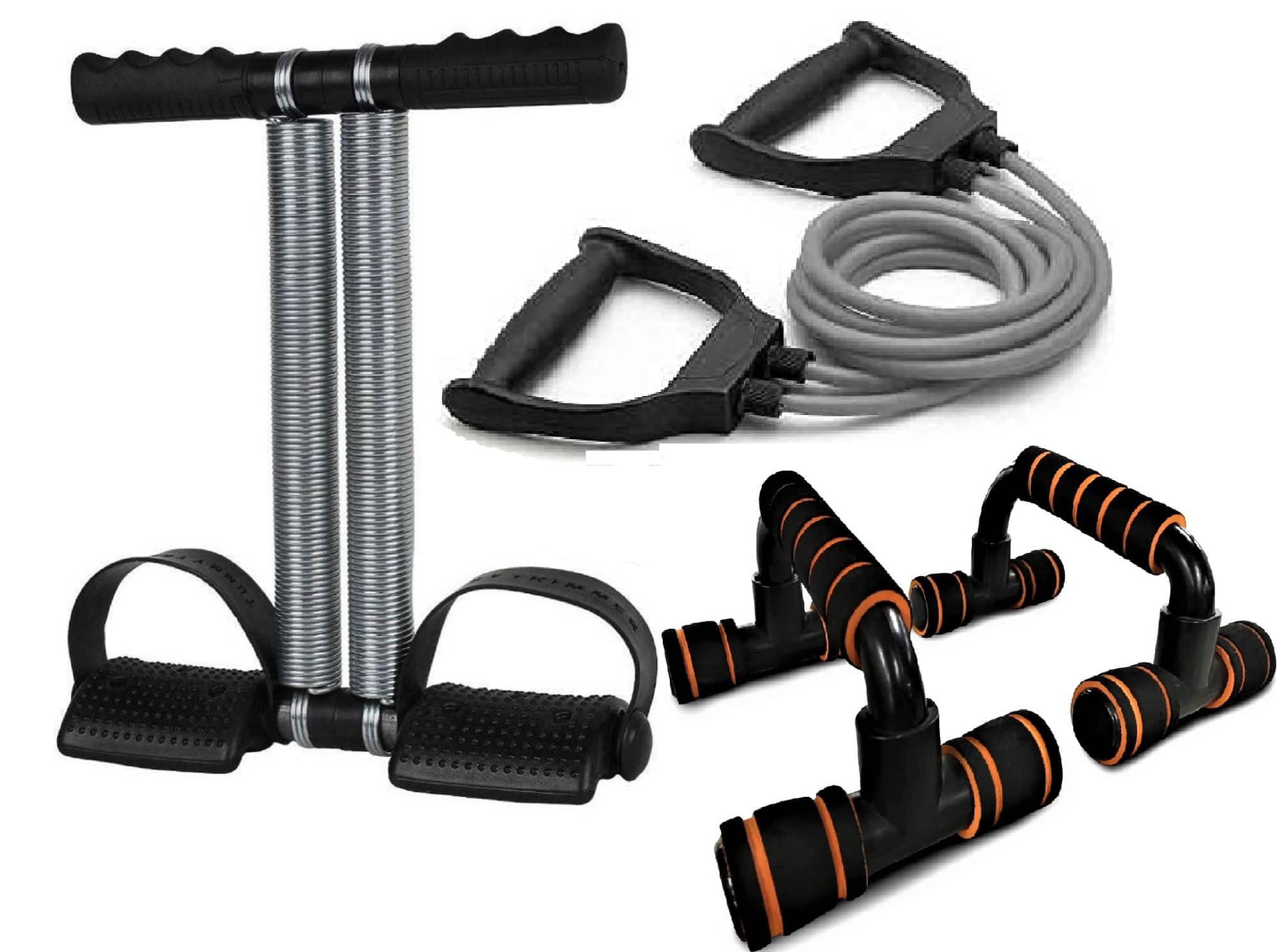 Gym Home Workouts Equipment Combo Set for Men Women Full Body Exercise Kit - Tummy Trimmer, Toning Tube Band, and Push Up Stand Gym Home Workouts Equipment Combo Set for Men Women Full Body Exercise Kit - Tummy Trimmer, Toning Tube Band, and Push Up Stand