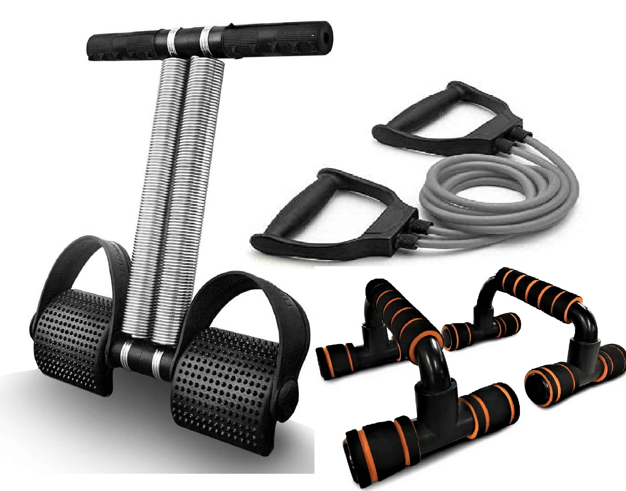 Gym Home Workouts Equipment Combo Set for Men Women Full Body Exercise Kit - Tummy Trimmer, Toning Tube Band, and Push Up Stand     			Gym Home Workouts Equipment Combo Set for Men Women Full Body Exercise Kit - Tummy Trimmer, Toning Tube Band, and Push Up Stand