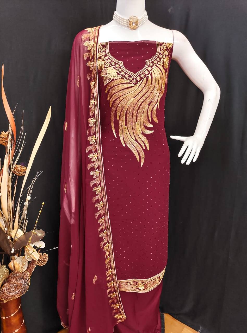 HL SILKMILLS Unstitched Georgette Embroidered Dress Material - Maroon ( Pack of 1 )     			HL SILKMILLS Unstitched Georgette Embroidered Dress Material - Maroon ( Pack of 1 )