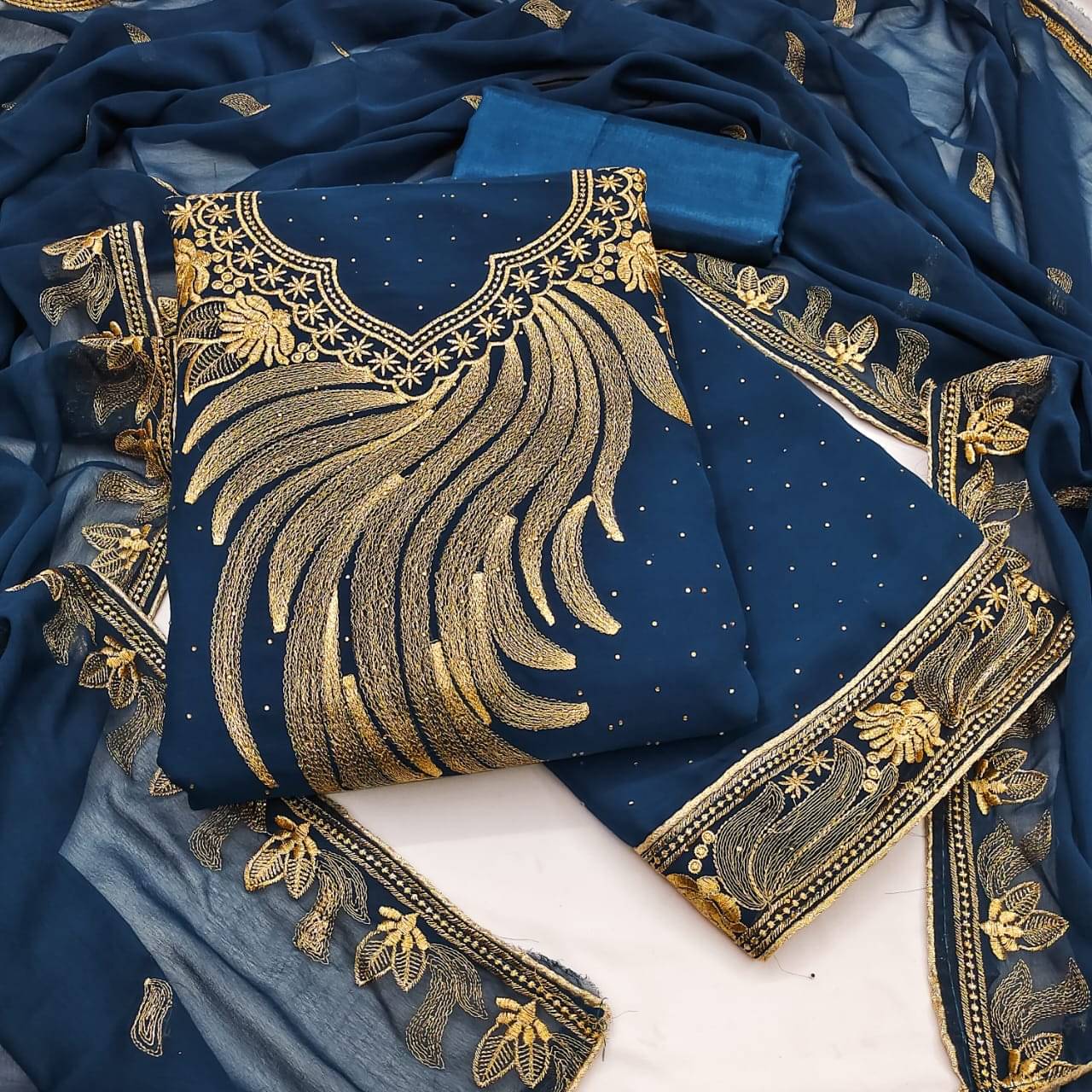     			HL SILKMILLS Unstitched Georgette Embroidered Dress Material - Blue ( Pack of 1 )