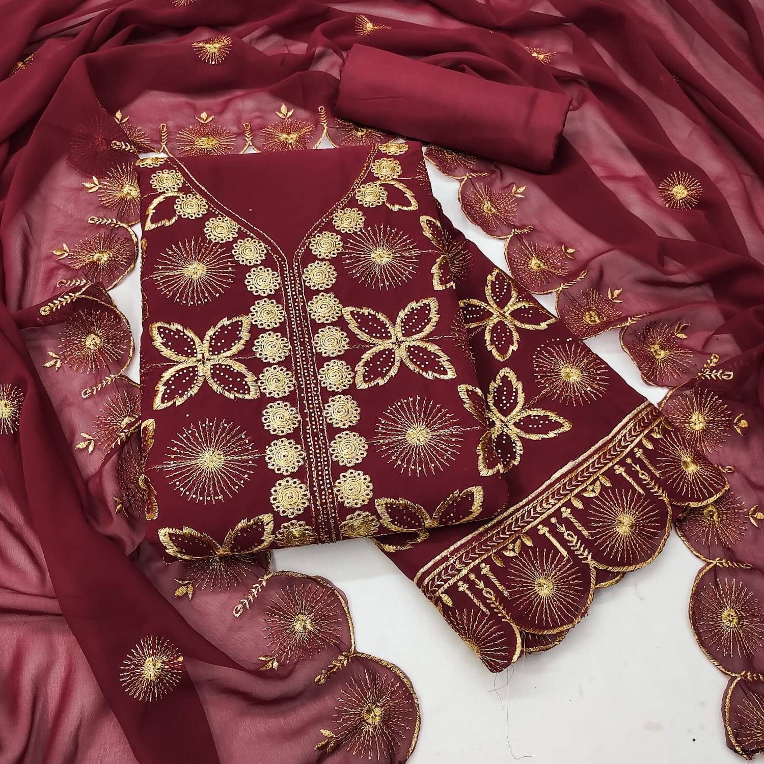     			HL SILKMILLS Unstitched Georgette Embroidered Dress Material - Maroon ( Pack of 1 )