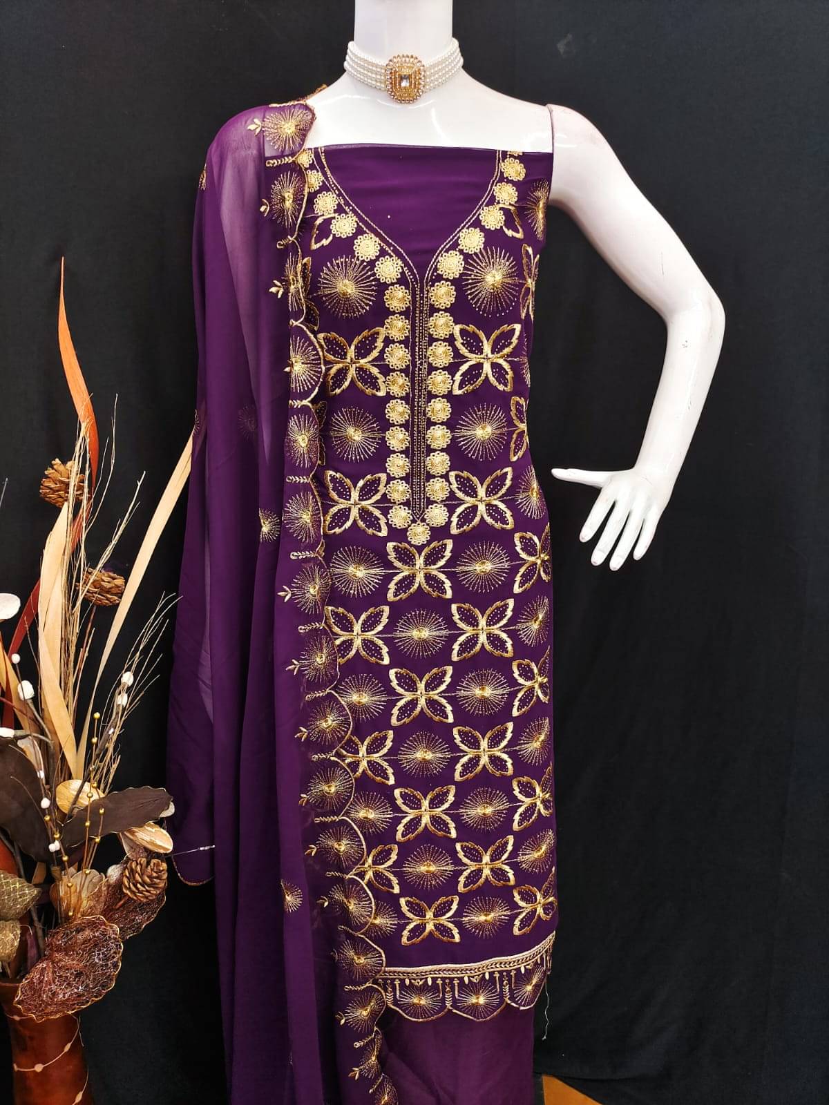     			HL SILKMILLS Unstitched Georgette Embroidered Dress Material - Purple ( Pack of 1 )