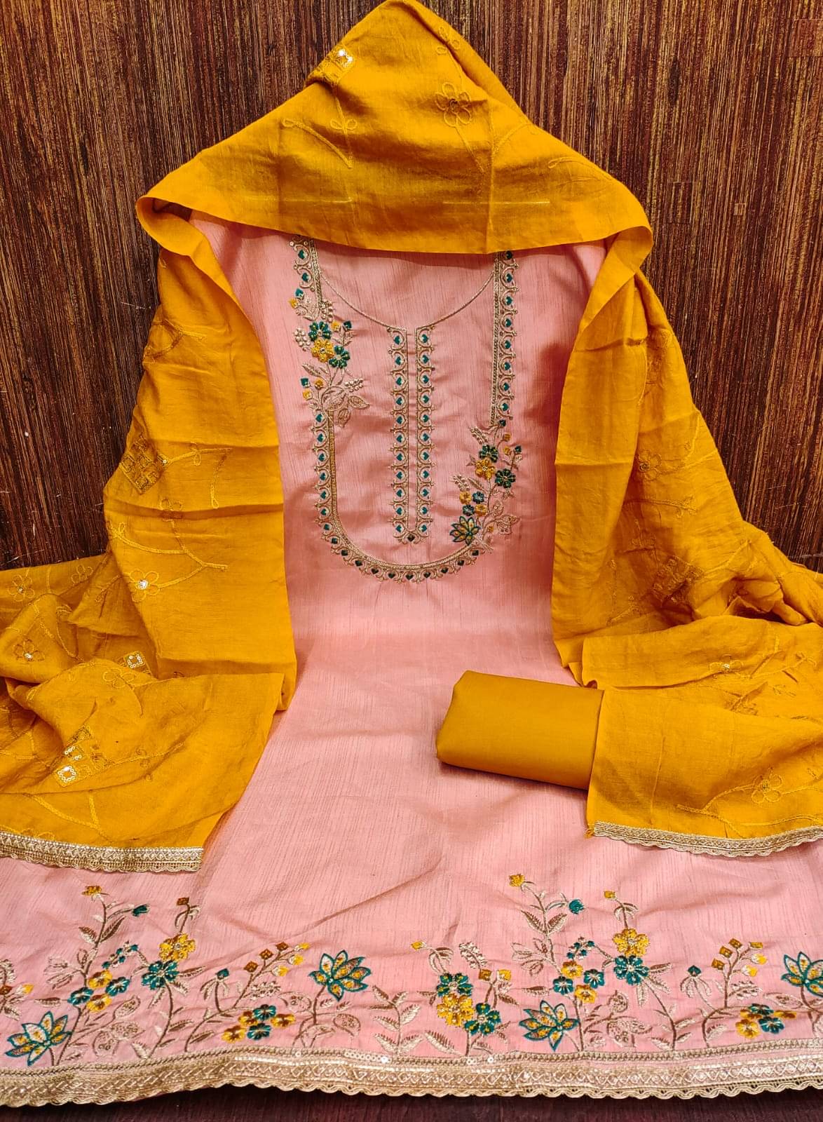     			HL SILKMILLS Unstitched Silk Blend Embroidered Dress Material - Yellow ( Pack of 1 )